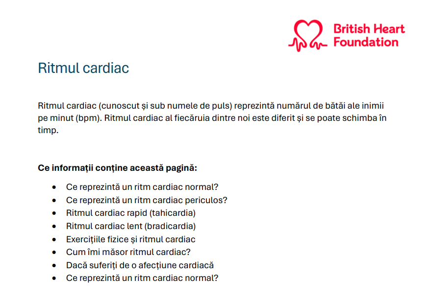 Your heart rate (Pulsul tău) page has been translated into Romanian. Download the PDF for trusted BHF information about your heart rate. We explain what's normal and when to get your heart rate checked.