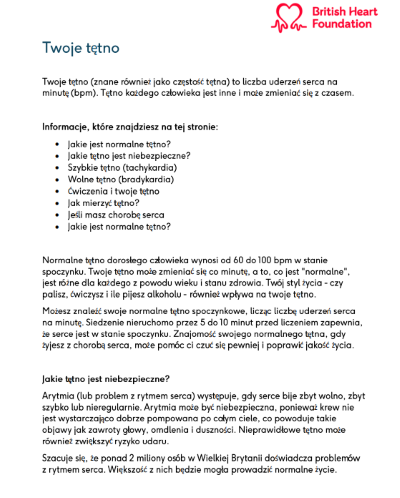 Your heart rate (Twoje tętno) in Polish. Your heart rate is the number of times your heart beats per minute (bpm). We explain what's normal and what to look out for if you have a fast, slow or abnormal heart rate. 