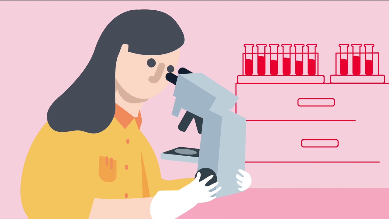 Illustration showing a woman with black hair looking into a microscope