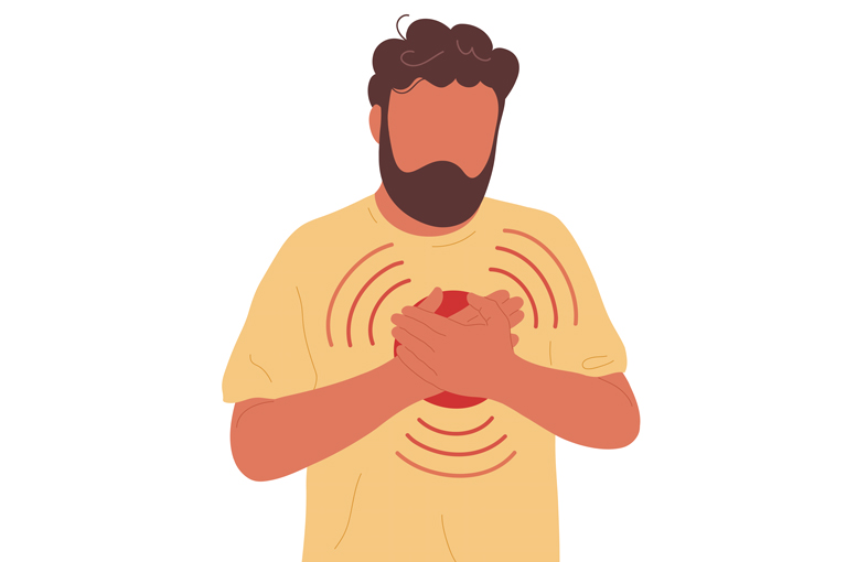 Illustration of man with brown hair holding chest in pain