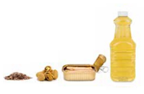 A picture showing sources of polyunsaturated fats such as vegetable oil and nuts.