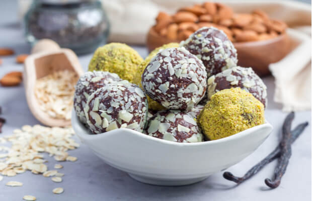 Vegan protein balls in a bowl
