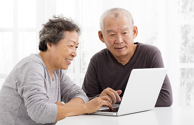 Elderly couple using at a laptop computer 