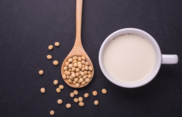 Soya milk in white cup and soya bean on dark table background