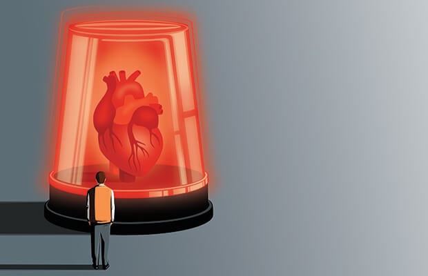 Illustration of a man looking at a heart inside a red siren
