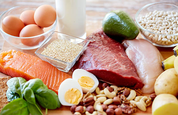 Balanced diet of nuts, eggs, meat, fish and potatoes