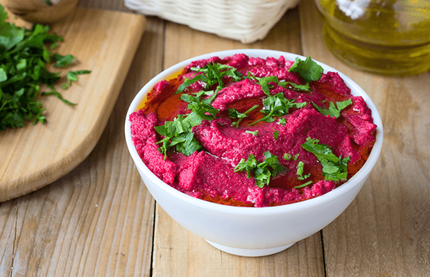 Bowl of beetroot houmous