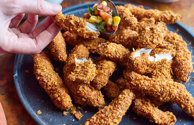 Southern-style chicken strips and corn salsa