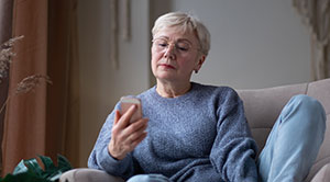 Woman looking at her phone while sitting on the sofa