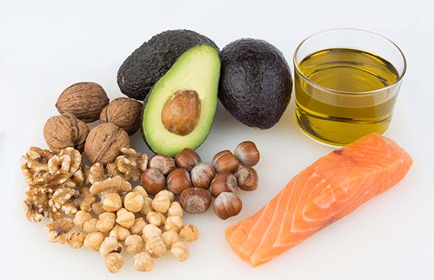 Avocado, salmon, nuts and oil