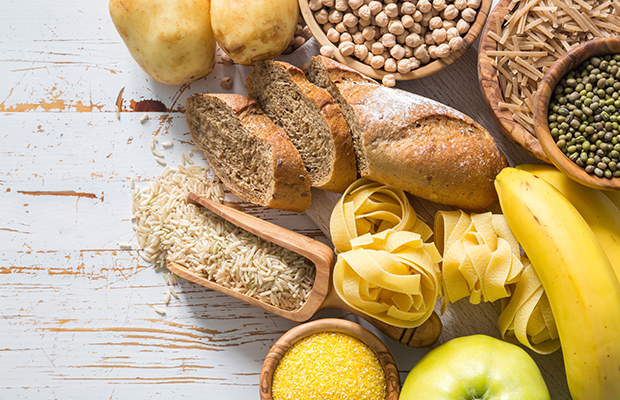 Selection of bread, rice, pasta and potatoes