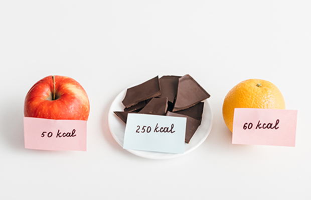 An apple (50kcal), pieces of chocolate on a plate (250kcal), and an orange (60kcal) with sticky notes identifying their calorie count