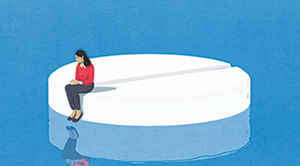 Illustration of woman sitting on a large pill