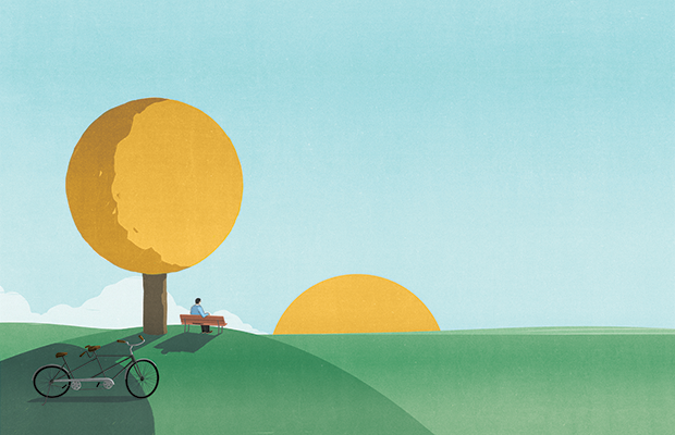 Illustration of a man sitting on a park bench watching the sun set alone