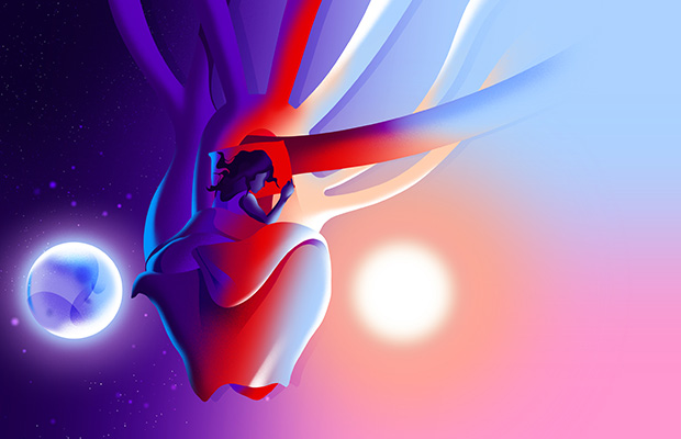 Graphic illustration of a heart between the sun and the moon