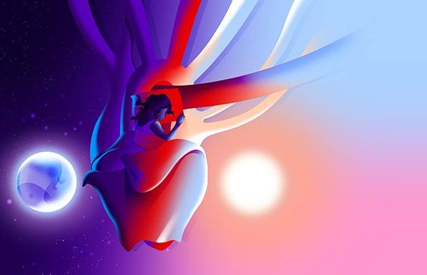 Graphic illustration of a heart between the sun and the moon