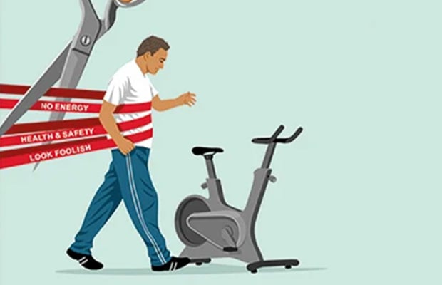 Illustration of ribbons holding back a man walking to an exercise machine being cut by giant scissors.