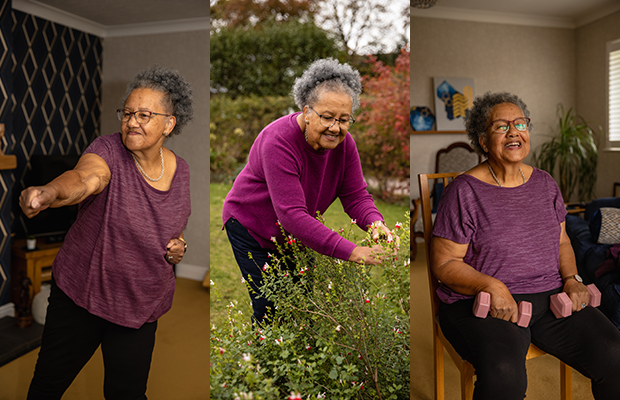 3-image collage of Laraine exercising: first shadow boxing, then doing some gardening, and finally holding dumbbells while smiling at the camera