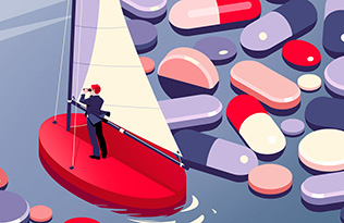man on a boat navigating the way through water filled with tablets