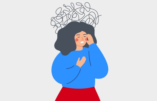 Illustration of a person holding their hands to their heart and temple with a squiggly web of lines above their head