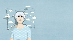 Illustration of a calm-looking anaesthetised surgical patient lying on a blue-sky coloured pillow with white clouds circling their head.
