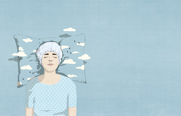 Illustration of a calm-looking anaesthetised surgical patient lying on a blue-sky coloured pillow with white clouds circling their head.
