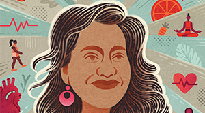 Illustration of a woman with brown hair smiling 