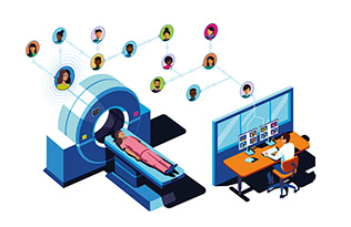 An illustration of a woman getting a CT scan and a doctor looking at the results