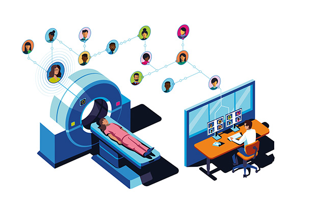 An illustration of a woman getting a CT scan and a doctor looking at the results