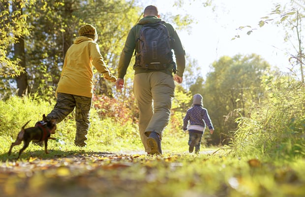 Father, son's and puppy walking in the forest