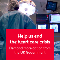 A surgeon in a hospital with overlaid text "Help us end the heart care crisis"