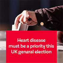 Hand of a voter putting vote in the ballot box with text "Heart disease must be a priority this UK general election".