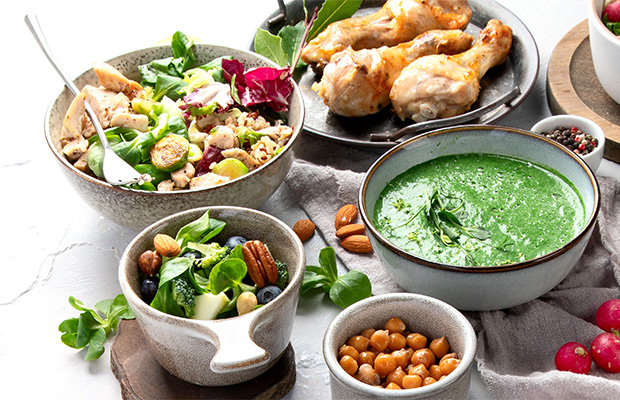 A table with a range of healthy anti-inflammatory meals.