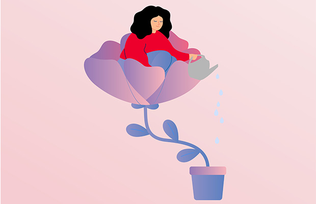 Illustration of a woman sitting in a flower and watering it.