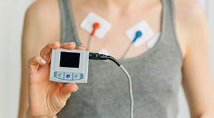 A woman wearing and holding a Holter monitor.
