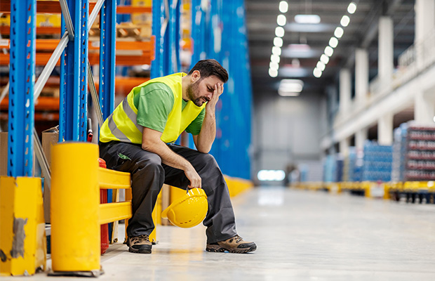A tired man working in a warehouse at night.