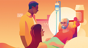 Illustration of two people visiting someone in hospital