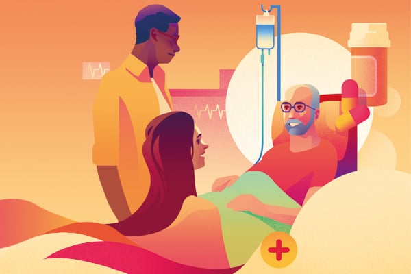Illustration of two people visiting someone in hospital