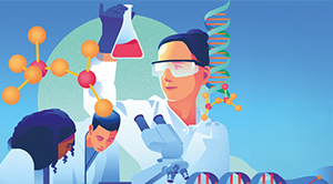 Illustration of three people working in a lab