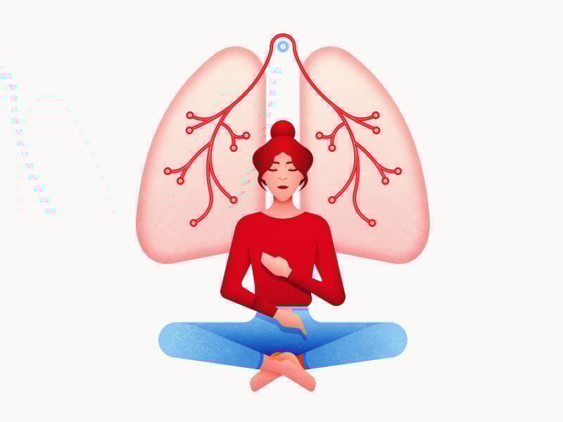 Abstract illustration of a woman sitting crossed-legged with one hand on her chest and one on her belly, with an illustration of lungs in the background illustrating someone reducing anxiety through breathing exercises.