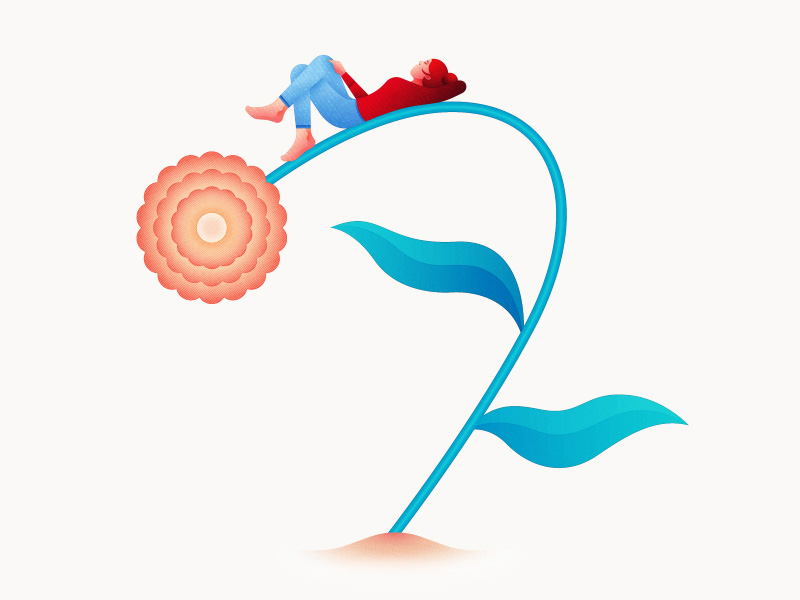 Abstract illustration of a woman lying on her back with her knee crossed over the other leg and her hands behind her head, balancing on the stem of a yellow flower to illustrate using relaxation techniques to relieve anxiety.