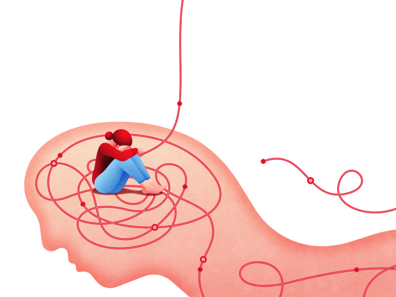 Abstract illustration showing a woman sitting with her head on her knees and surrounded by a red thread that twists around her and has knots in, depicting anxiety.