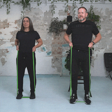 Hara performing a squat and Peter performing a sit to stand exercise.