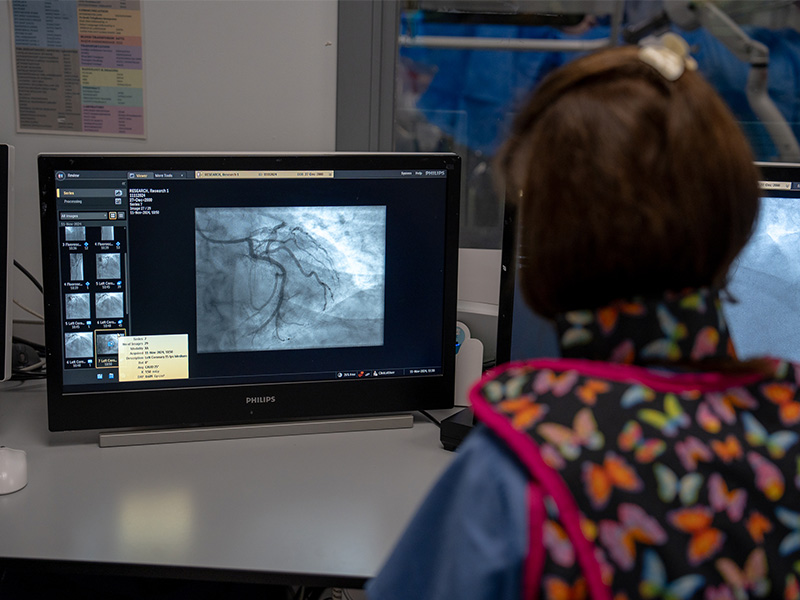 Dr Al-Lamee looking at an X-ray of coronary arteries as part of her angina treatment research.