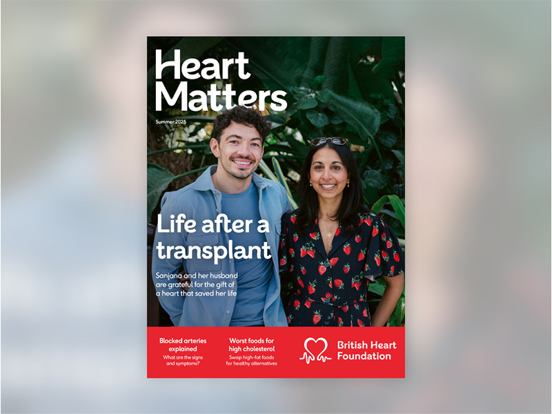 Cover of Heart Matters Summer 2025. Image of man and woman smiling, with text underneath reading 'Life after a transplant'.