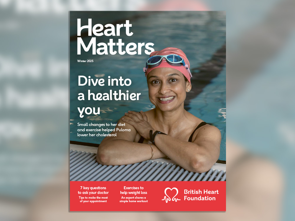 Cover of Heart Matters Winter 2025. Image of a woman in a swimming pool with text underneath reading "Dive into a healthier you".