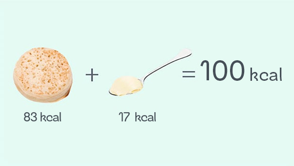 A crumpet and spoonful of spread on a green background, an example of a snack that's around 100 calories. Text: 83 kcal (crumpet) + 17 kcal (1tsp low fat spread) = 100 kcal.