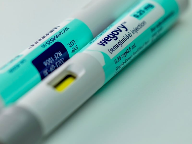 A close up of a pre-filled Wegovy weight-loss injection pen.