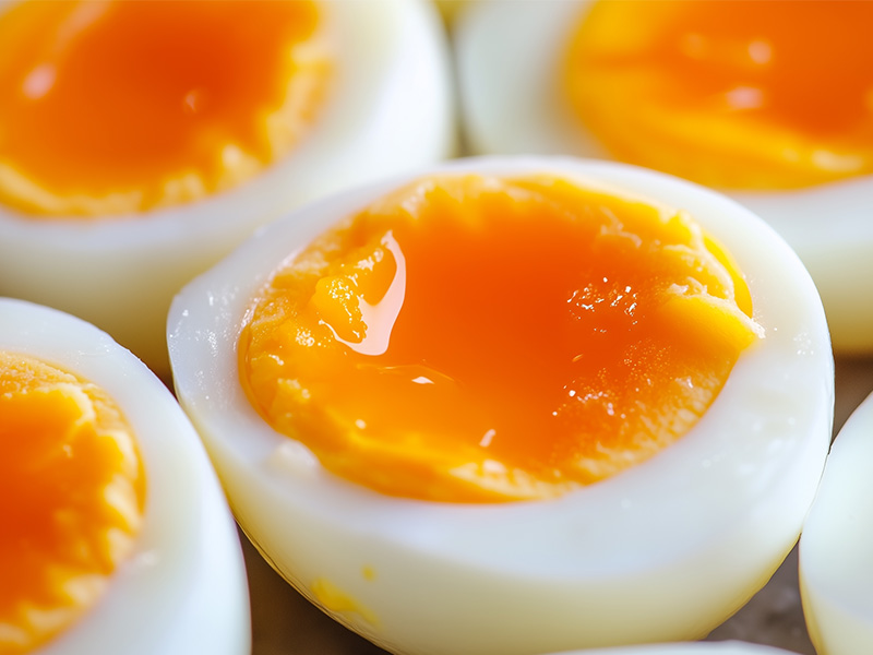 Close up of soft-boiled eggs cut in half.