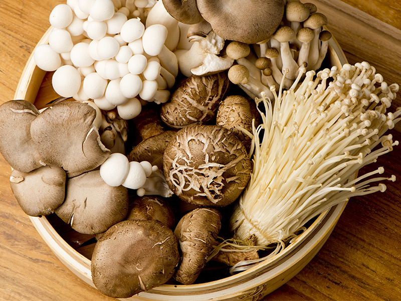 Lots of different types of mushrooms in a bowl on a table.